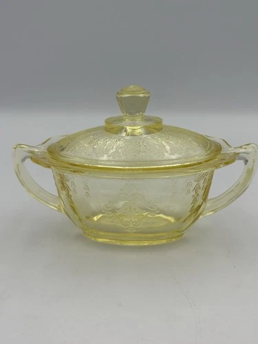 Vintage Anchor Hocking Princess Topaz Yellow Sugar Bowl w/ Lid 3.5”H