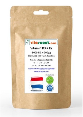 Vitamin D3 5000 IU + K2 200 mcg + L-Leucin - HOCH BIOVERFÜGBAR - 180 Tabletten