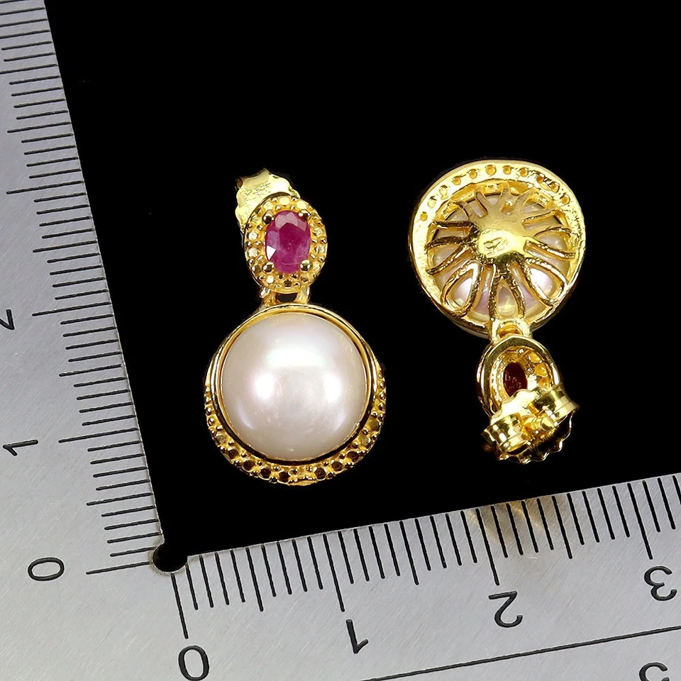 Pendientes de plata de ley 925 rubí ovalado 4x3 mm perlas piedras preciosas naturales joyería Foto 3 de 4