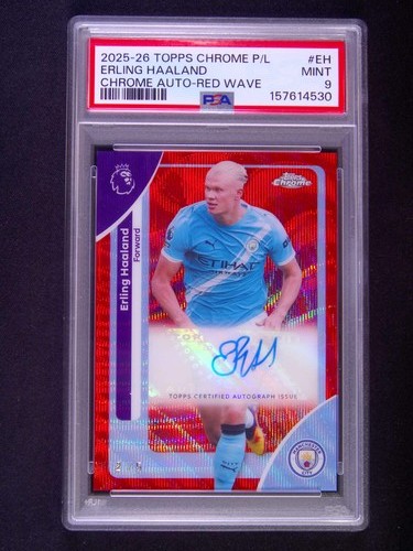 2025-26 Topps Chrome Premier League Erling Haaland Auto Red Wave /5 PSA 9