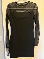 Bnwot Ladies Pretty Little Thing Black Dress Size 12 Sheer Neckline & Sleeves