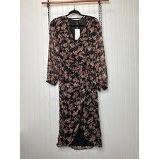 NWT Mango Knot Floral Print Dress Black & Pink Asymmetrical Sheath Size S
