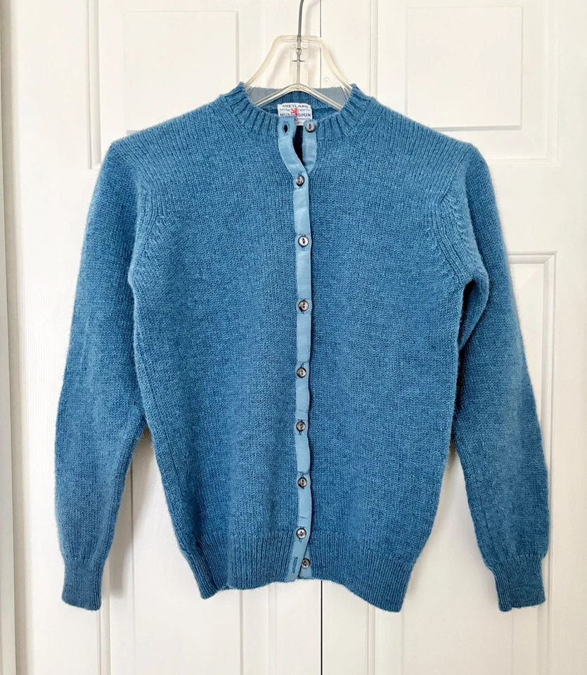 Munrospun Mid Blue Shetland Wool Cardigan Sweater, Size 2, Scotland - Image 1 of 4