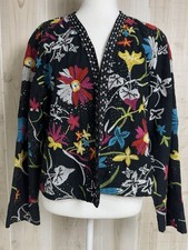 VTG Chico s Embroidered Floral Sequin Art Jacket Boho Open Front Cotton Size 2