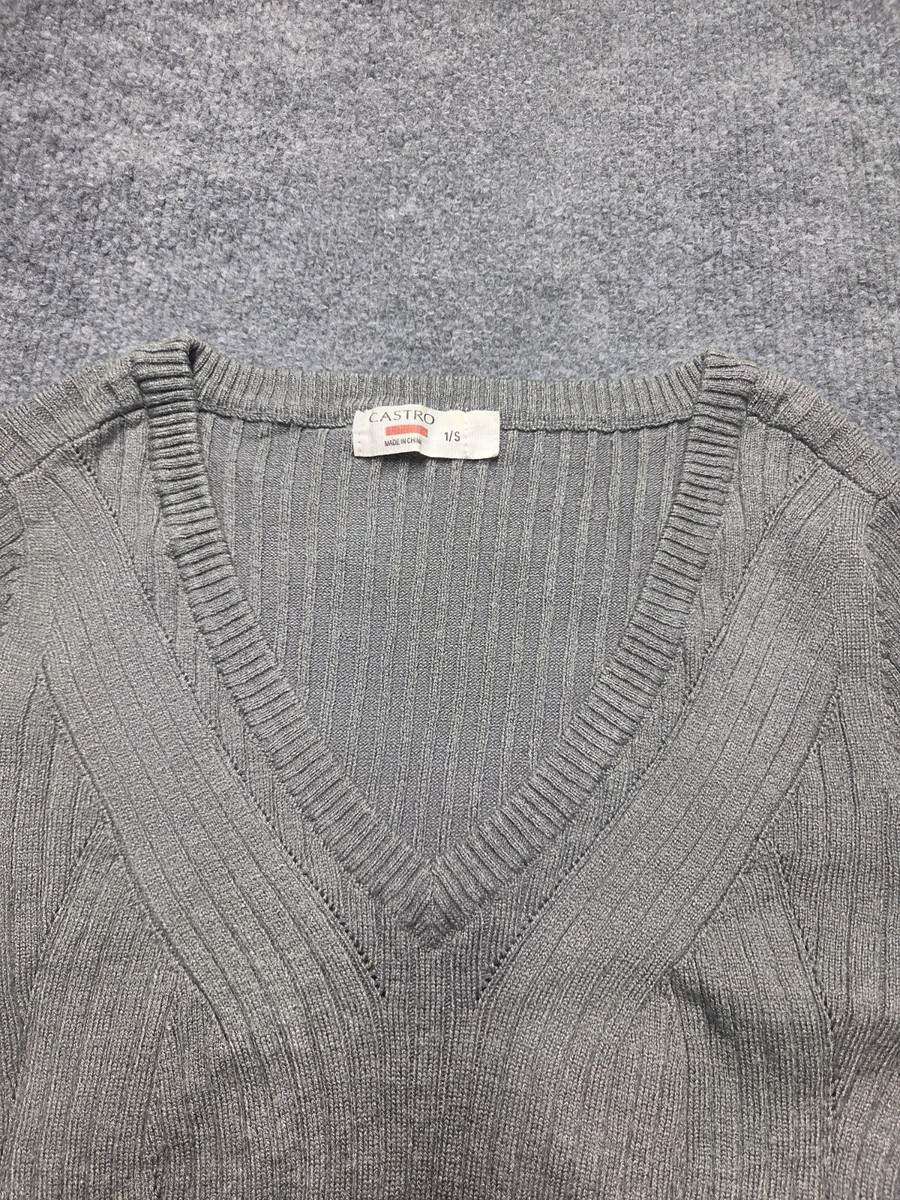 Castro Sweater Top Womens Sz S Gray Ribbed Knit V Neck Long Sleeve Pullover Soft View 5