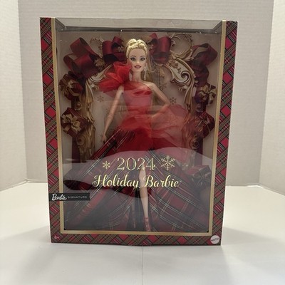 2024 Holiday Barbie Doll Platinum Blonde Hair Red Gown Plaid Skirt Gift