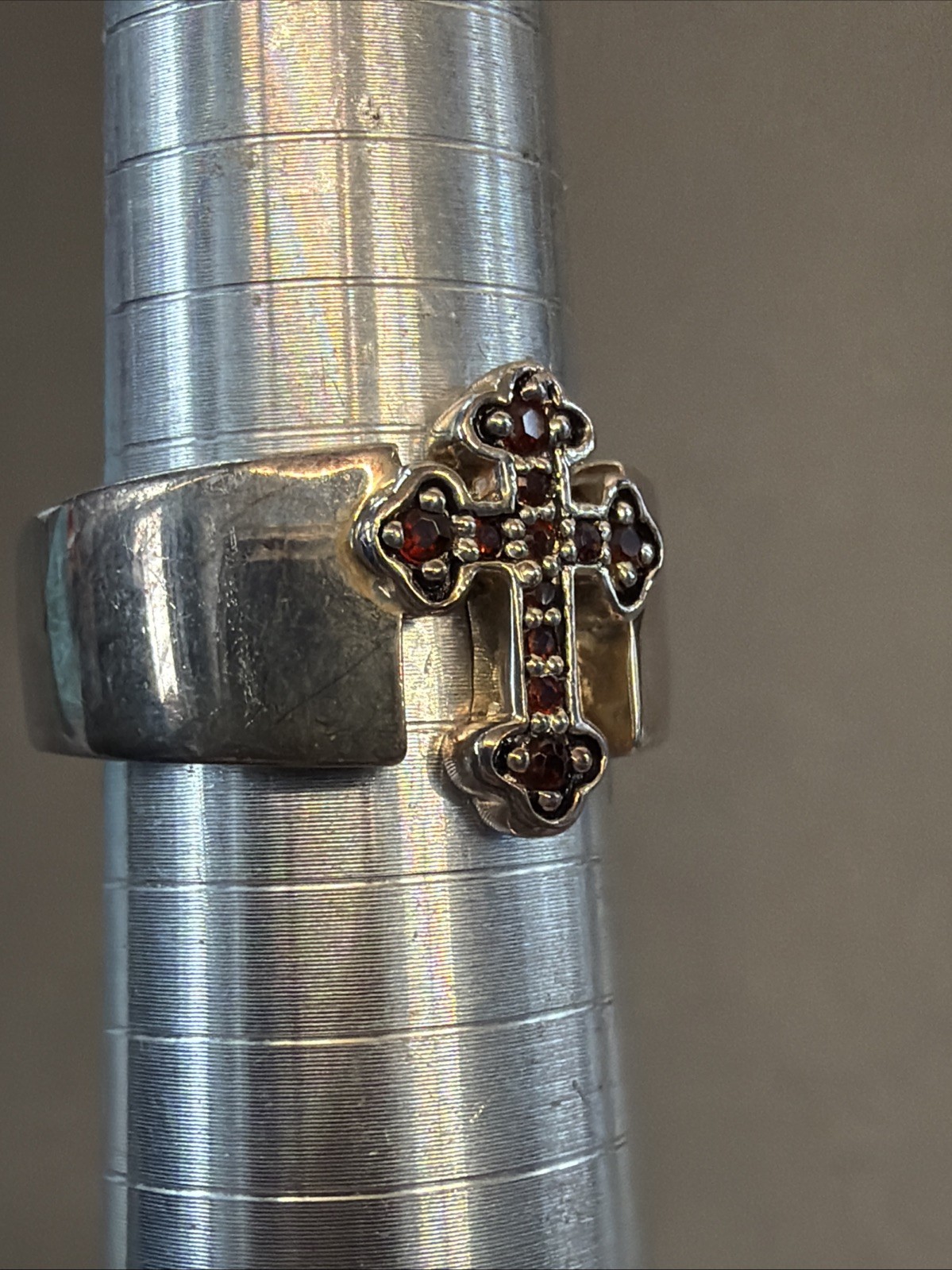 FH Signed Sterling Silver Ruby Stone Cross Ring T… - image 3