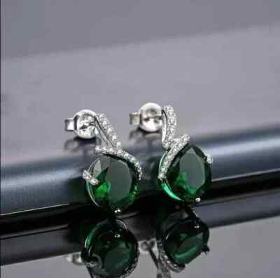 14K White Gold Plated 2Ct Oval Cut Lab Created Green Emerald Women Stud Earring