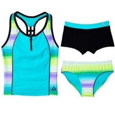New Gerry Youth 3-piece Swimsuit Set Capri, Stripe Teal, Girl Swimwear