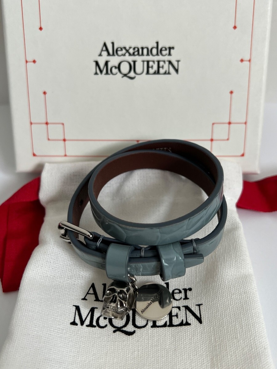 NWT Alexander McQueen Skull Logo Charm Blue Croc Leather