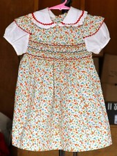 TLC Vintage POLLY FLINDERS Hand Smocked Girls Dress Size 4 Floral Red Ric Rac