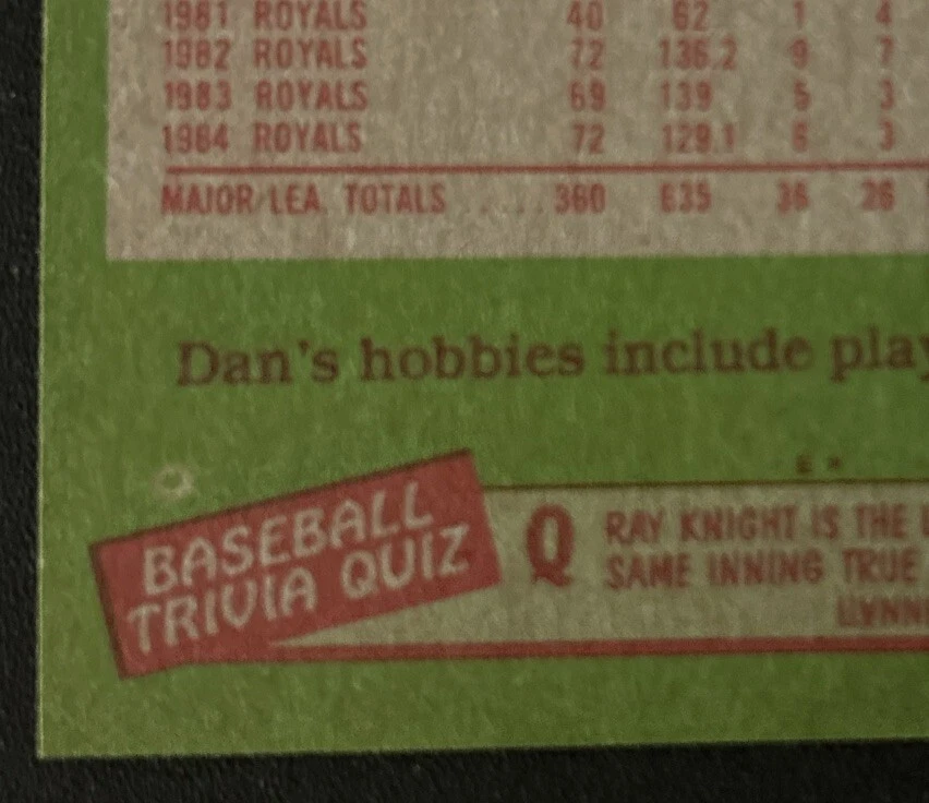 1985 年 Topps Dan Quisenberry 棒球卡 #270 皇家投手 状况极佳 O/C — 第 3/3 张图片