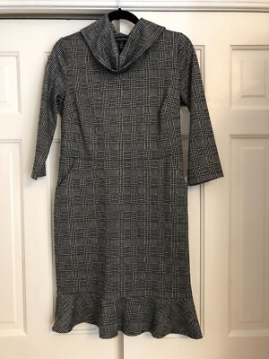 Tribal Femme Glen Plaid Print Mock Neck Dress With Pockets, 3/4 Sleeve, S