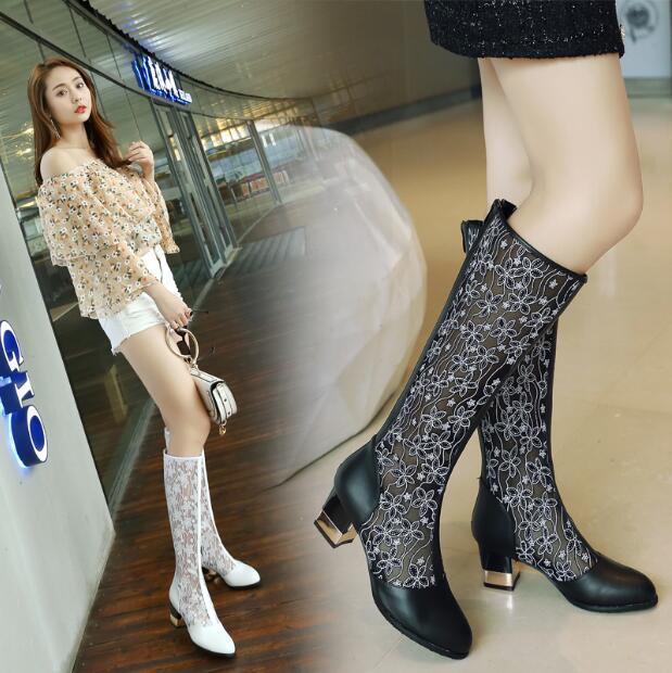 Womens Floral Lace Mesh Chunky Heels Knee High Boots Breathable Back Zip shoes U Womens Floral Lace Mesh Chunky Heels Knee High Boots Breathable Back Zip shoes U