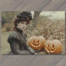 Art Print Victorian Woman with Jack-O’-Lanterns Pumpkins Halloween Vintage Style