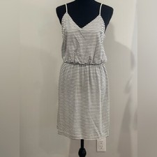 Gap S Vintage V Neck Black  White Striped Dress with Waistband 160