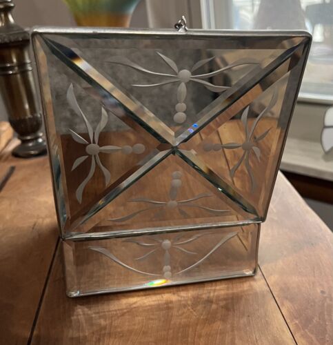 Vintage Carr Etched Dragonfly Glass Jewelry Box 5"x 5” Mirrored Trinket Box - Picture 2 of 9