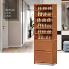24"Bamboo [MAGNETIC FLIP-UP DOOR] Entryway Shoe Cabinet High Heels Storage Shelf