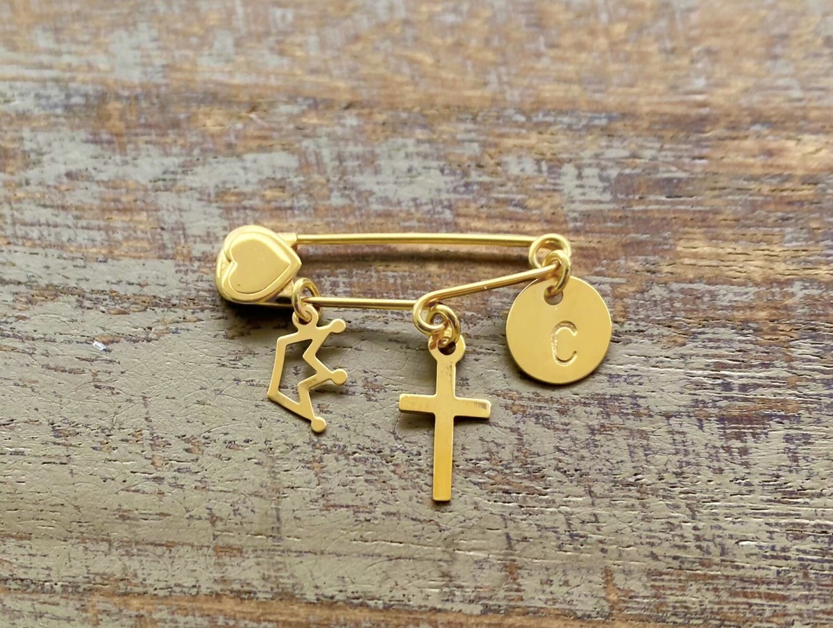 14K Gold Personalised Heart Crown Safety Pin Cross Brooch 1