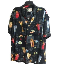 Vtg Black Paradise Found Men's L Hawaiian Shirt Martini Cocktail Drink Tiki Bar