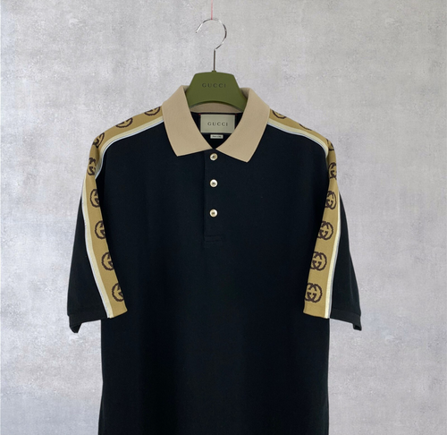 New Gucci GG Stripe Logo Jacquard Cotton Reflective Black Polo Shirt Size M - Picture 3 of 16
