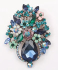 Brooch-Rhinestone Blue and Pink Vintage Style Floral Cluster