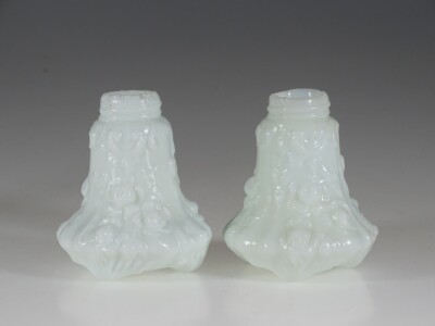 EAPG Fostoria Opal Milk Glass Leaf Three Footed Salt & Pepper Set c.1895