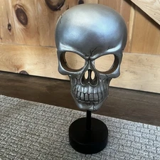 Metallic Skull Head Sculpture on Stand, Silver Halloween Decor 12" Tall Gothic