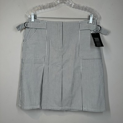 Etcetera Cotton Pinstripe Patterned Mini Side Belt Pleated Detail Skirt Sz 10