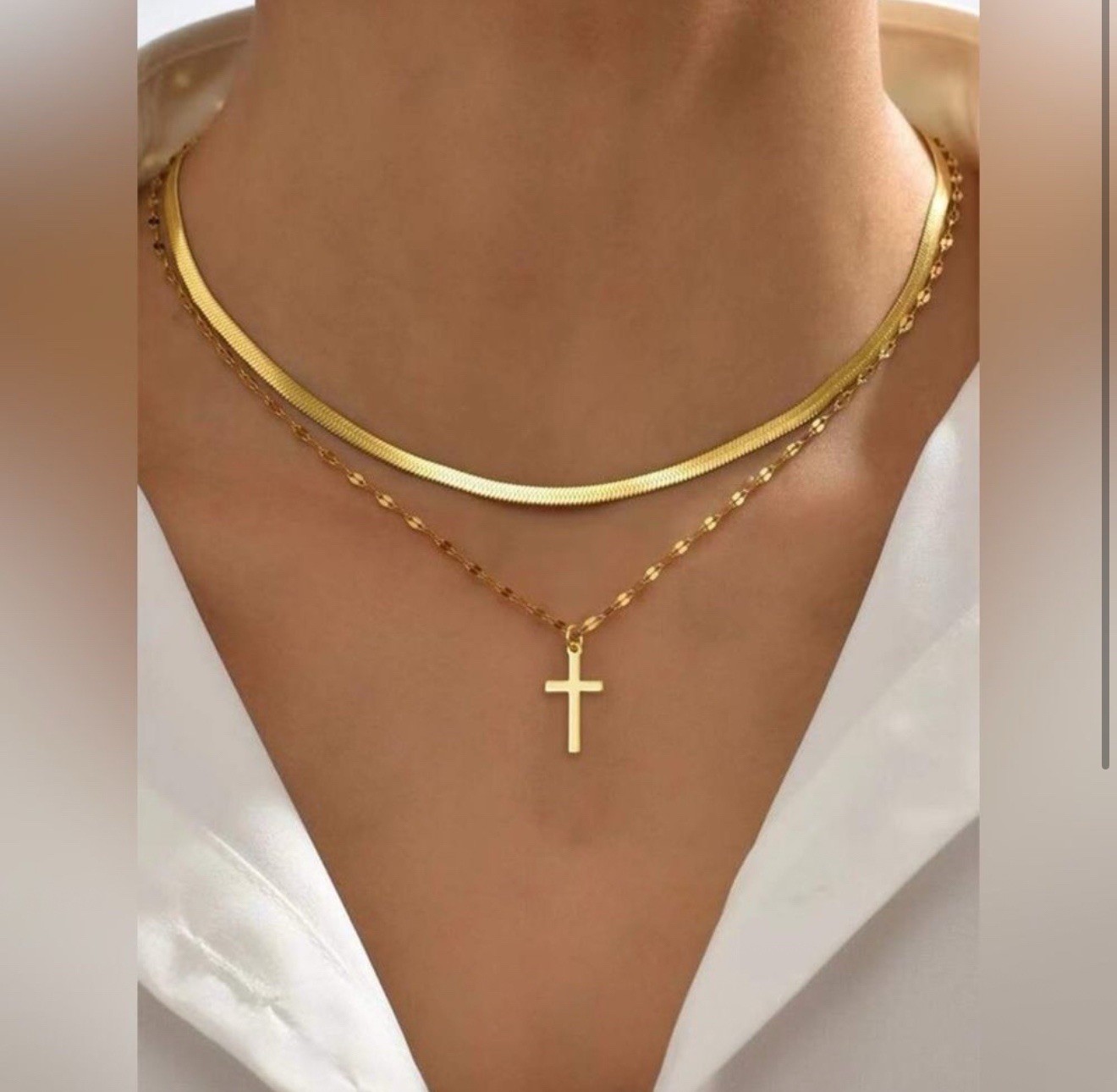 Gold Plated Stainless Steel Herringbone Cross Necklace Set with Layered Chain