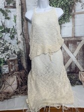 Crochet Knit Two-Piece Set Tank Top Midi Skirt Fringe Trim ivory Boho Resort OS
