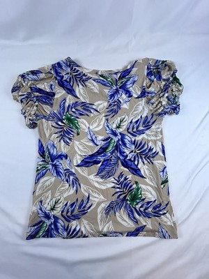 Cupio Juliana Tan Blue Hawaiian Floral Ruffle Short Sleeve Shirt M Vacay Resort