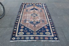 Vintage Worn Hand Made Traditional Oriental Wool Pink  Blue Rug 203x115cm