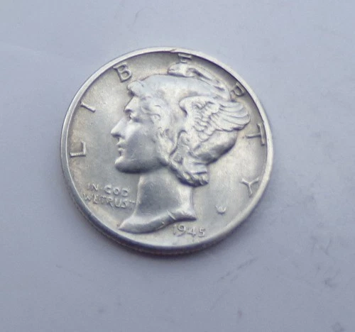 1945-P  MERCURY DIME 90% SILVER ERROR (DDO)  WING & DATE & AND GOD WE TRUST EF