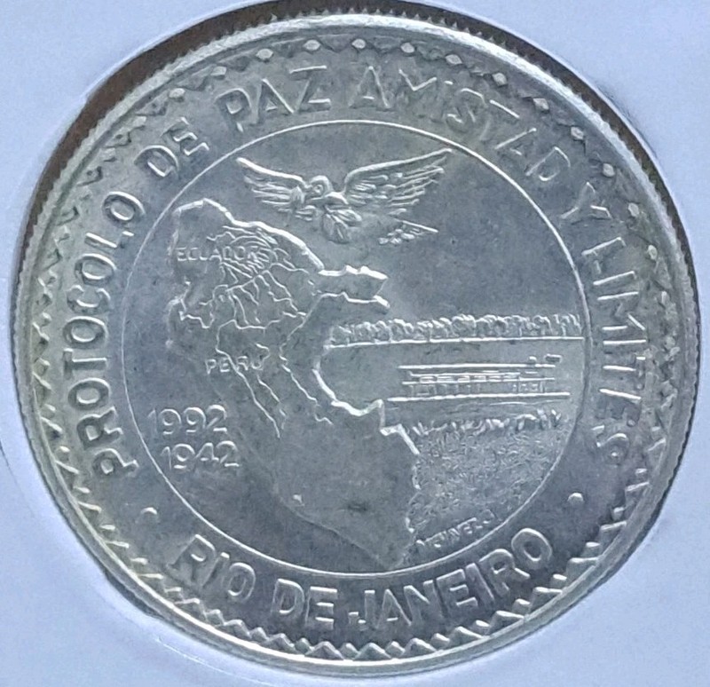 1992 Peru .925 SILVER 20 New Soles - Rio de Janeiro Protocol 1 Troy Oz - BB028