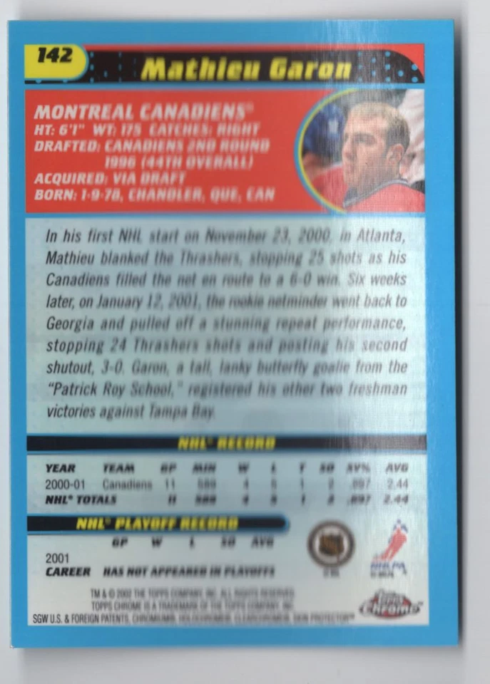 2001-02 Topps Chrome Mathieu Garon Montreal Canadiens #142 - Image 2 of 2