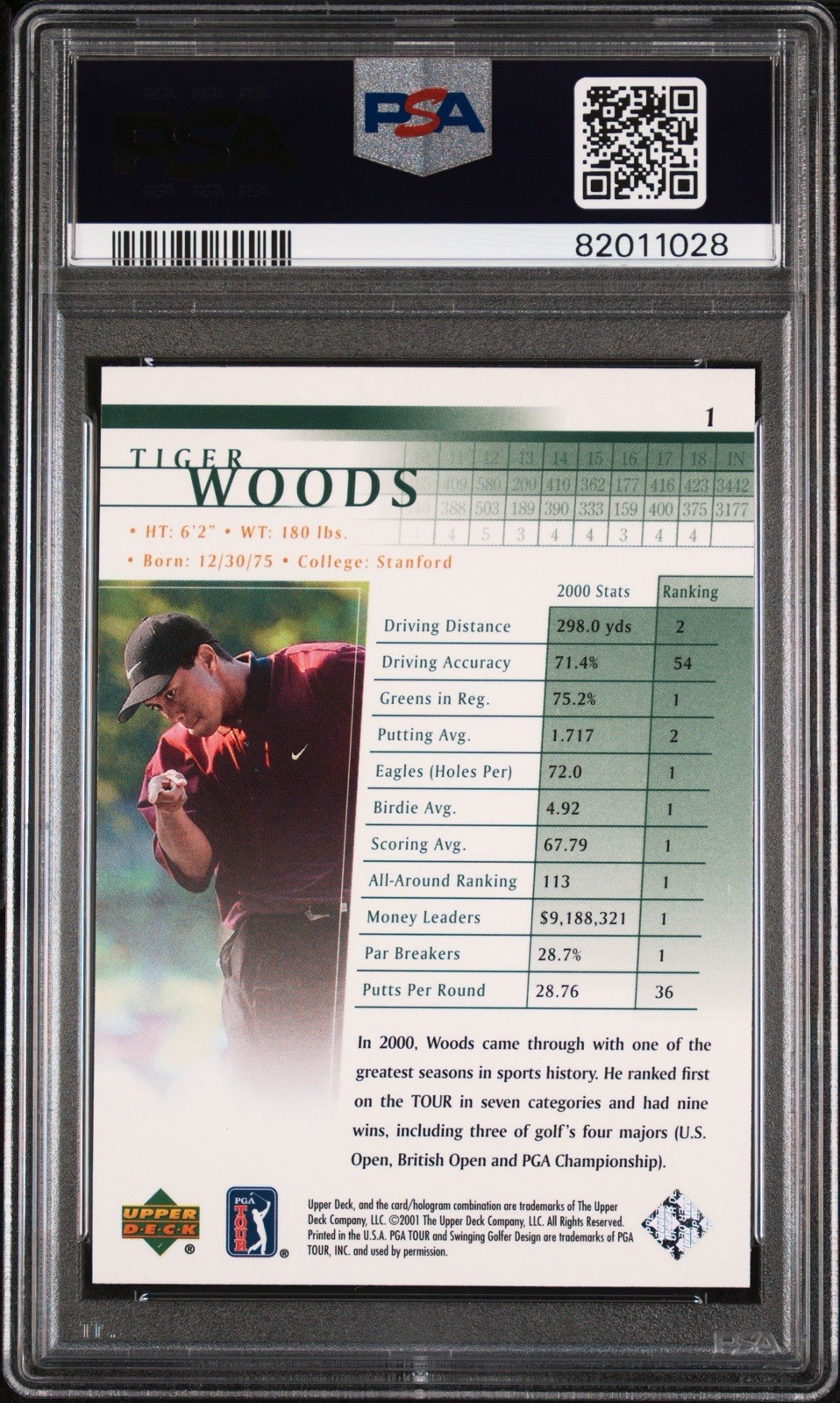 2001 Upper Deck #1 Tiger Woods RC Rookie - PSA 10 GEM MINT view 2