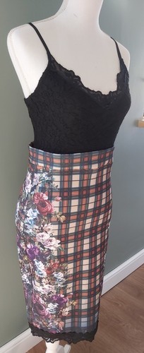 ZARA Trafaluc STRETCHY Tartan FLORAL Strappy LACEY FIGURE HUGGING DRESS M 10 12