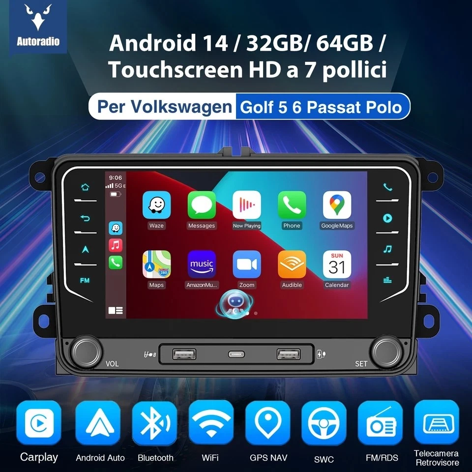 32G/64G Autoradio Android 14 Carplay GPS BT Per VW GOLF 5 6 Touran Passat Tiguan - Immagine 2 di 4