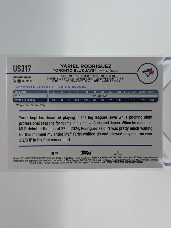2024 Topps Update Series YARIEL RODRIGUEZ #US317 Rookie Toronto Blue Jays RC - Image 2 of 2
