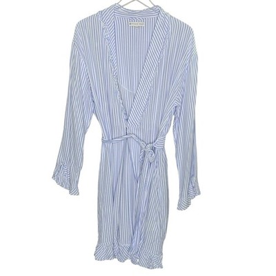 Eileen West Blue White Striped Wrap Robe S/M Tie Belt Ruffled Hem Lounge