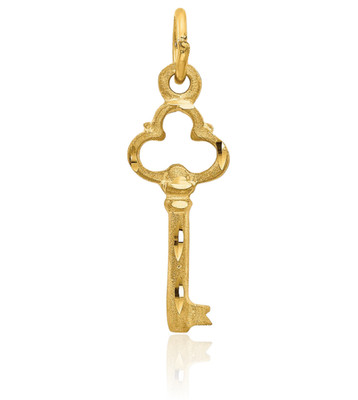 14K Solid Yellow Gold Medium Key Pendant Necklace 24mm 0.9 inch 3d Sculpted,