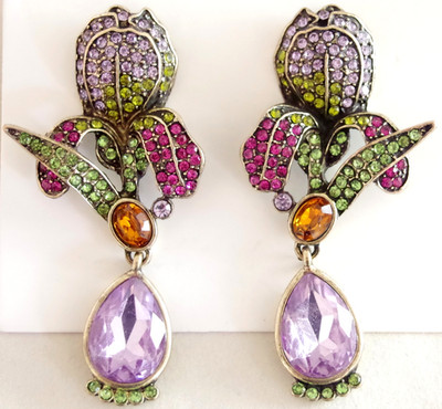 2 5/8'' NWOT DESIGNER STYLE CRYSTAL RHINESTONE IRIS FLOWER DROP DANGLE EARRINGS