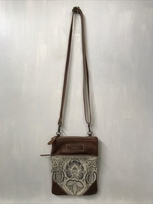 Myra Crossbody Bag Purse Brown Leather Floral Cream Cotton Boho India