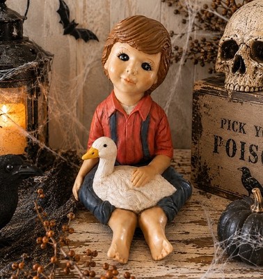 VTG Creepy Halloween Ceramic Boy w Goose Figurine Farmhouse Country Decor
