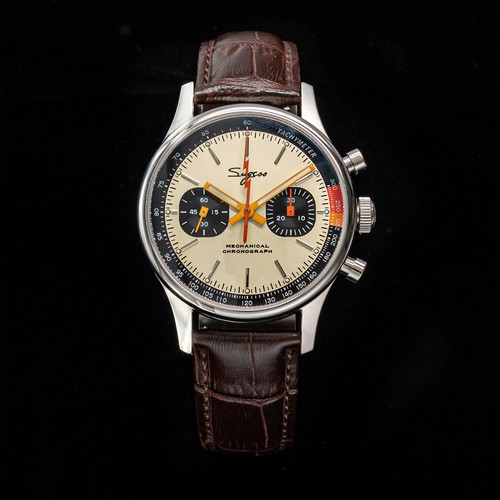 Men‘s 1963 Watch Seagull Movement swan neck Mechanical Chronograph Brown band - Imagen 2 de 6