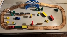 Wooden Train Track Set (like Brio) with Bridge, Trains, Signs, Buildings, Buses