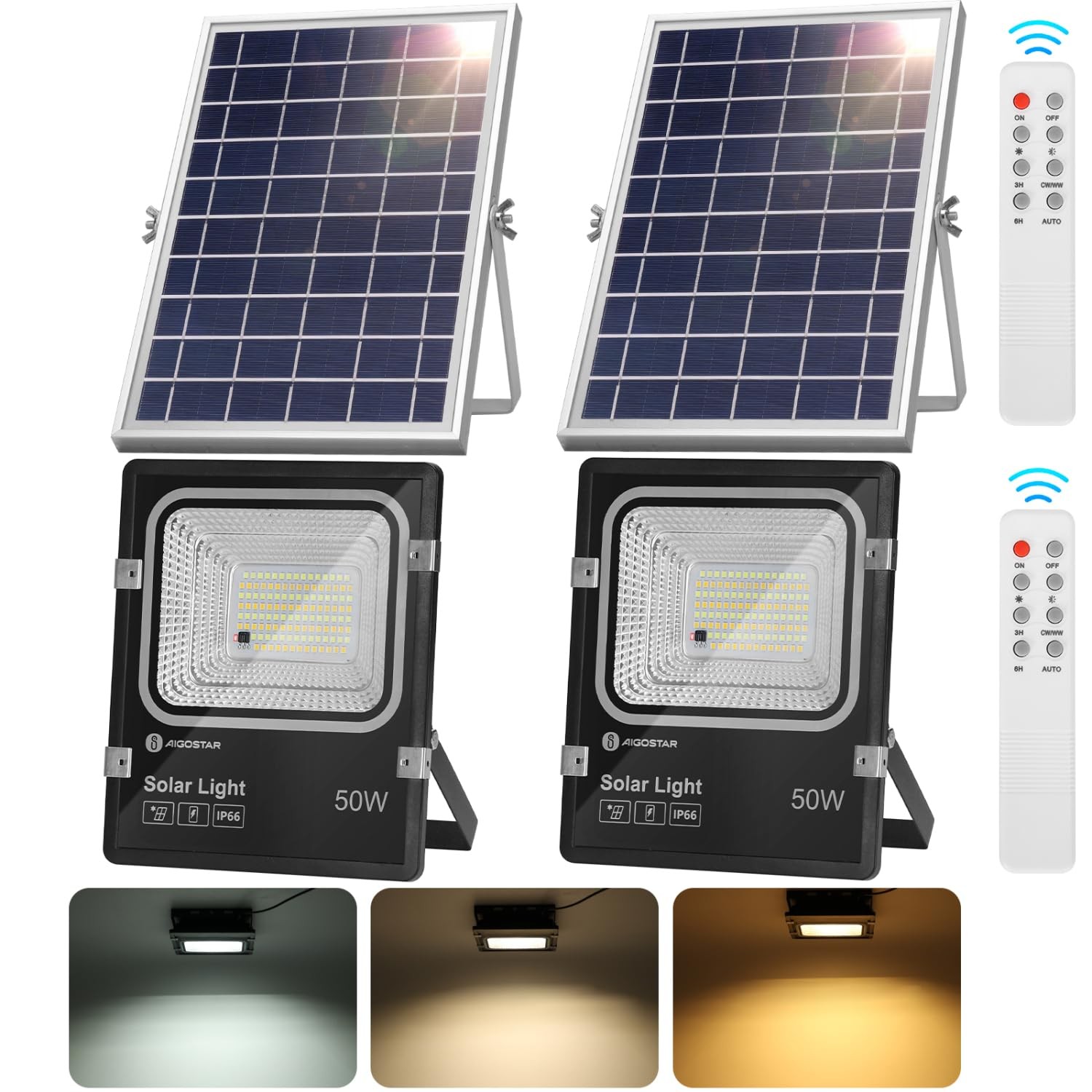 Kit Doppio Faro LED Solare Aigostar 50W Dimmerabile IP66 per Casa