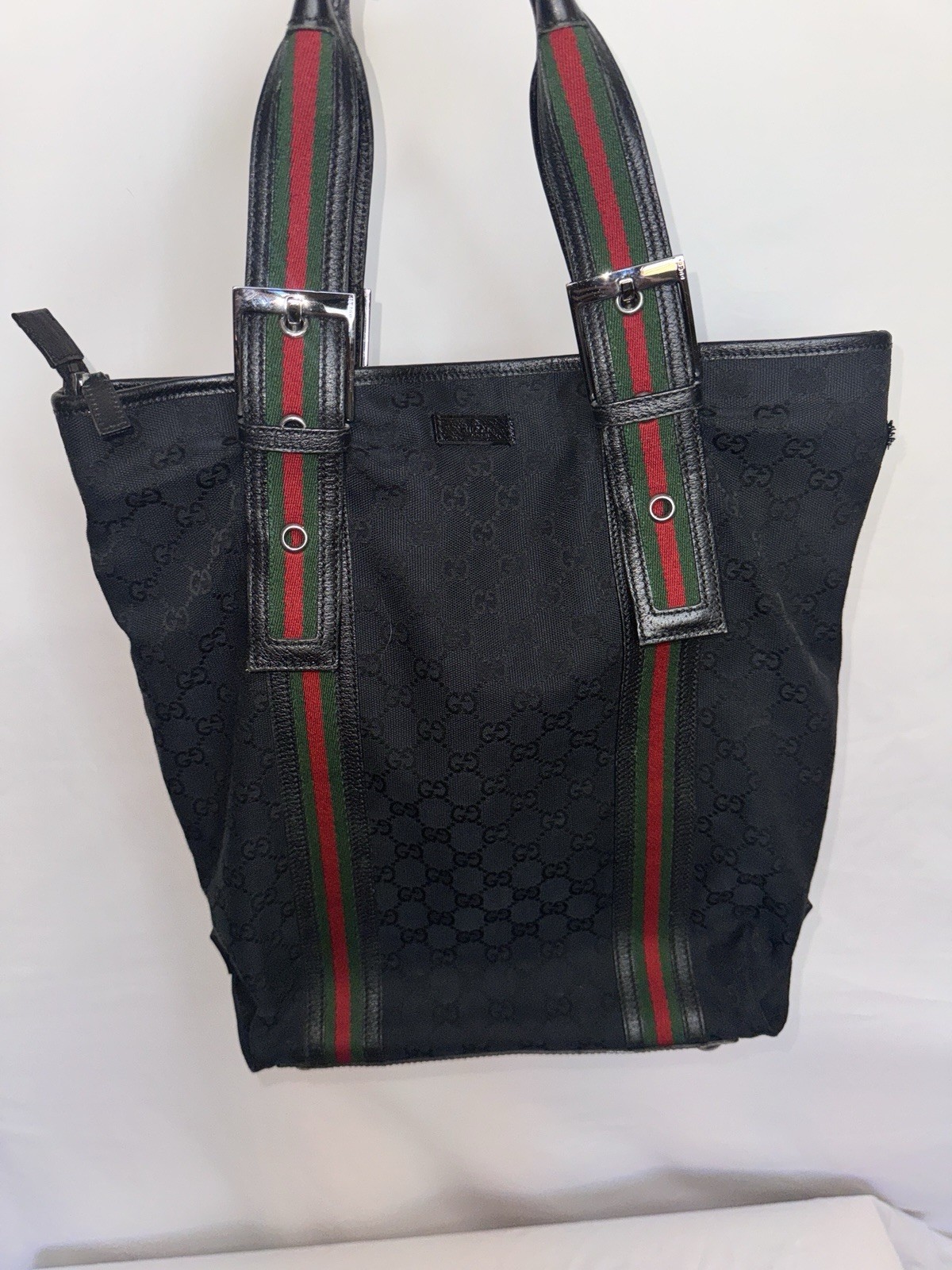 Gucci Black Monogram Tote with Red and Green Acce… - image 13