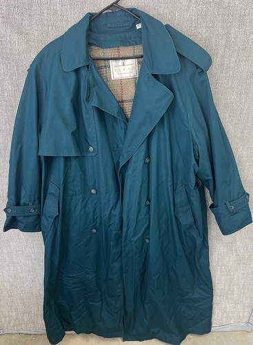 Towne from London Fog Men's Green Long Trench Coat Plaid Lined Size 20.5 REG